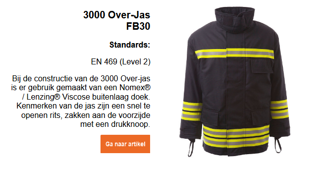 Afbeelding van de brandweerpak overjas FB30 in donkerblauw met reflecterende strepen en gele waarschuwingsstrepen. Een korte toelichting staat naast de afbeelding. Deze is te bekijken op de productpagina. De link leidt naar de productpagina.