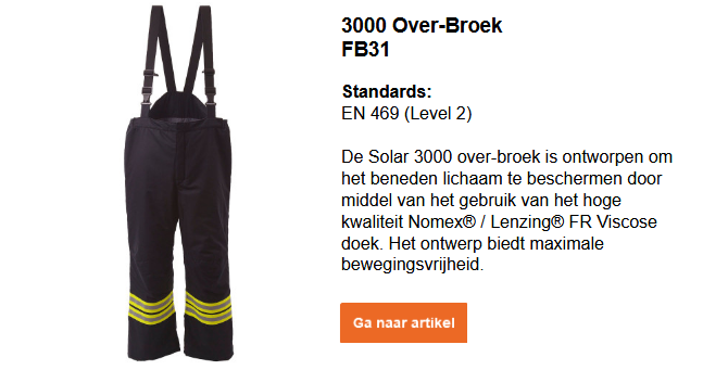 Afbeelding van de brandweerpak overbroek FB31 in donkerblauw met reflecterende strepen en gele waarschuwingsstrepen. Een korte toelichting staat naast de afbeelding. Deze is te bekijken op de productpagina. De link leidt naar de productpagina.