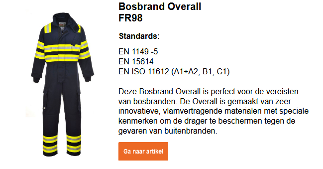 Afbeelding van de Bizflame Forest Fire FR98 vlamvertragende overall in donkerblauw met reflecterende strepen en gele waarschuwingsstrepen. Een korte toelichting vindt u naast de afbeelding. Deze kunt u bekijken op de productpagina. De link leidt naar de productpagina.