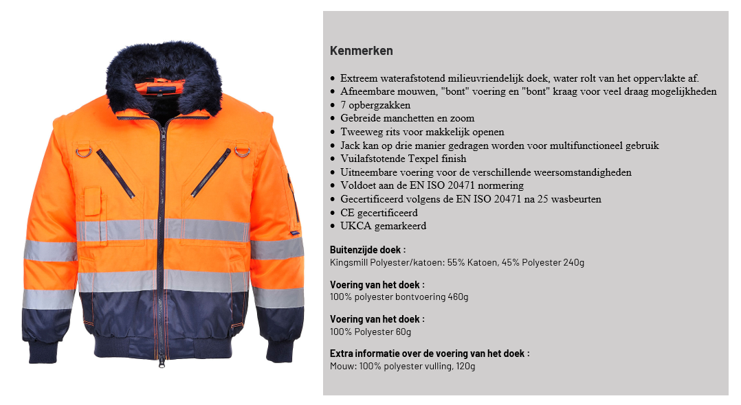 3-in-1 hoge zichtbaarheid pilotenjack PJ50 in blauw-oranje met beschrijving van de artikelkenmerken en link naar het artikel.