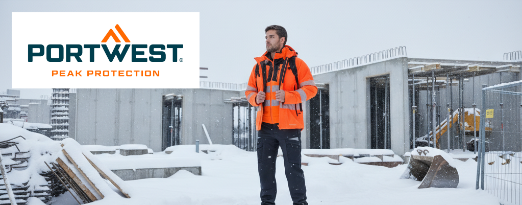 Een arbeider draagt ​​de feloranje Portwest DX4 Hi-Vis Winterjas DX461 met zwarte details en reflecterende strepen op een besneeuwde bouwplaats.