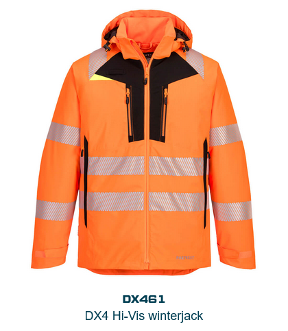 Afbeelding van de DX4 High-Visibility Winterjas DX461 in oranje met zwarte en gele details en reflecterende strepen. Een link naar het artikel vindt u hier.