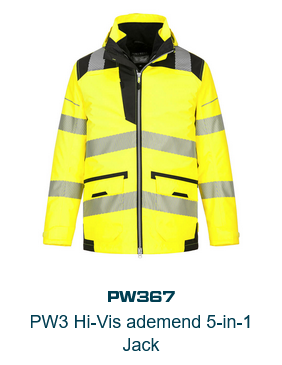 Afbeelding van de PW3 High-Visibility Ademende 5-in-1 Jas PW367 in geel met zwarte details en reflecterende strepen. Een link naar het artikel vindt u hier.