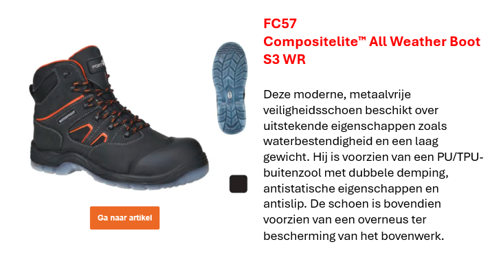 Afbeelding van de Portwest Compositelite All Weather Laarzen S3 WR FC57 in zwart met oranje details en zichtbare zool. Korte omschrijving (link naar productpagina).