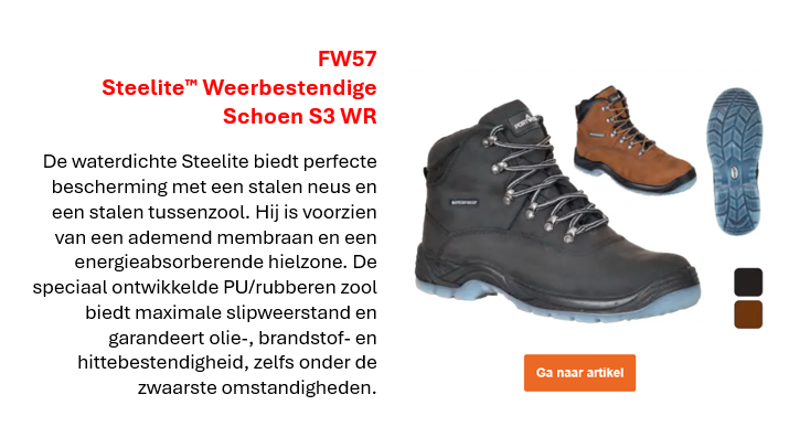 Afbeelding van de Steelite All Weather Laarzen S3 WR FW57 in zwart met grijze zool. Ook zichtbaar: de bruine versie van de schoen en een korte productomschrijving (link naar productpagina).