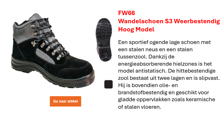 Afbeelding van de Steelite All Weather Wandelschoen S3 WR FW66 in zwart met grijze accenten. Ook zichtbaar: de zool en een korte productomschrijving (link naar productpagina).