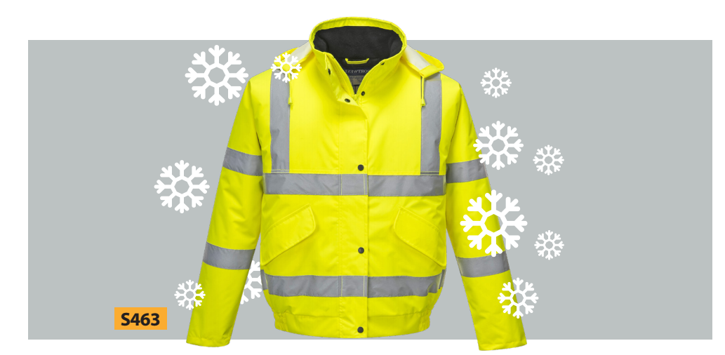 Productafbeelding van de Portwest S463 jas in waarschuwingsgeel met gestileerde sneeuwvlokken als versiering. Link naar het artikel is geplaatst.