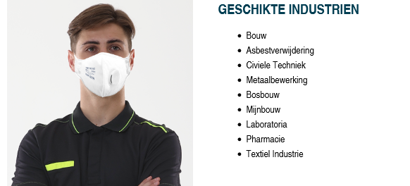 Modelafbeelding van het fijnstofmasker met een lijst van de mogelijke toepassingsgebieden. 