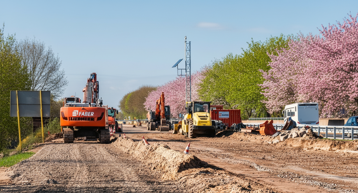 Bouwplaats met diverse graafmachines en voertuigen. Rechts en links van de onverharde weg staan ​​bomen met frisgroene bladeren en roze bloesem.