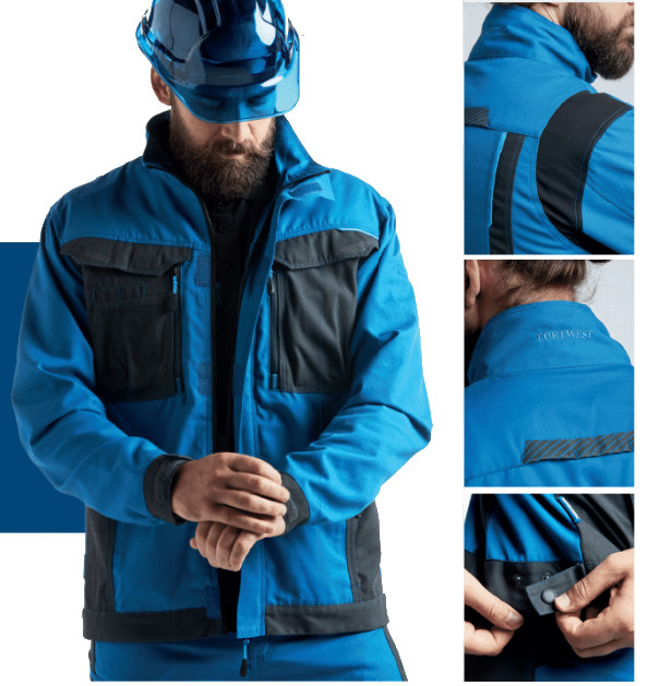 Modelafbeeldingen van de T703-jas in blauw met gedetailleerde afbeeldingen en een link naar de jas.