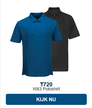Poloshirt T720 in blauw en grijs met een link naar het product.